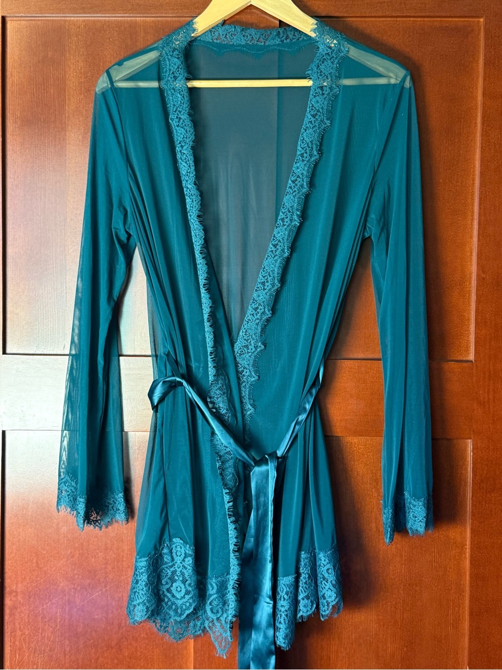 Sheer Lace-Trim Kimono Robe in Deep Teal With Satin Tie Size Medium